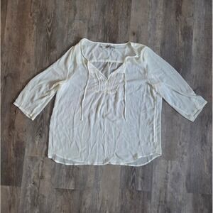 Behind The Seams Ivory Peasant Blouse XL Pintuck Lace Tie Neck 3/4 Sleeve Boho
